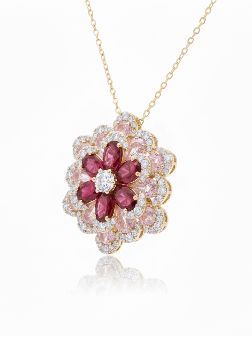 PINK RED CZ FLORAL PENDANT NECKLACE